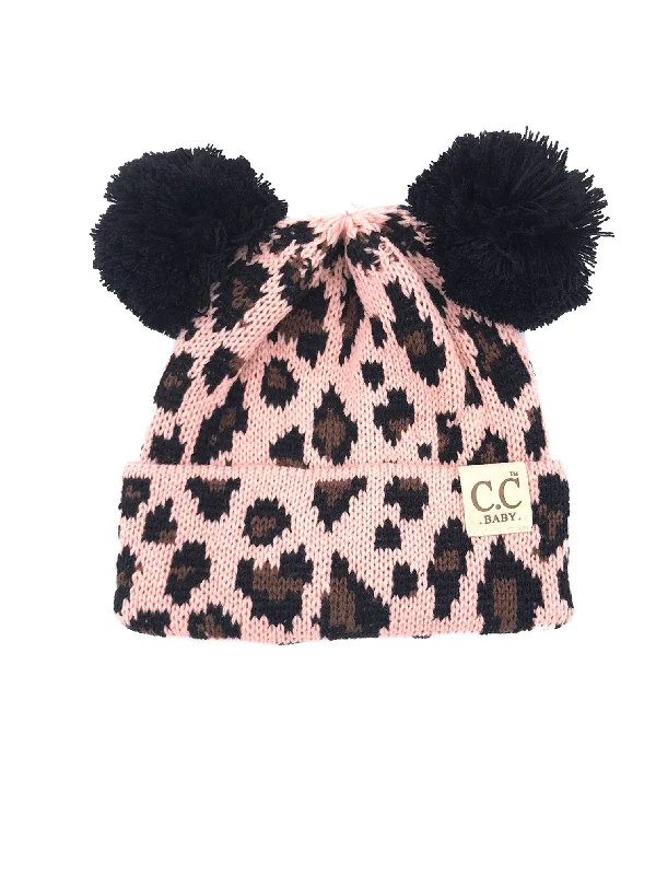 Designer cap for high-end brand appeal -BABY-80 Pom Pom Beanie Indi Pink Leopard