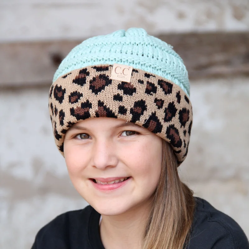 Classic navy cap for timeless wardrobe staple -KID-45 Mint Leopard Youth Beanie