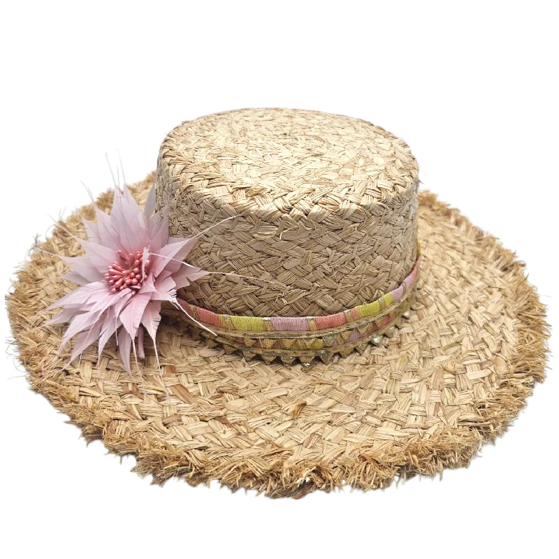 Designer wool felt hat for upscale appeal -Handwoven Straw Sun Hat With Flat Fringe (Diva Doodles)