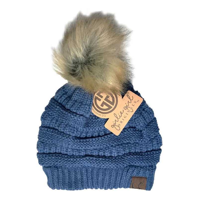 Cotton twill cap for durable daily use -Hat-43 BEANIE W/FAUX FUR POM - DARK DENIM