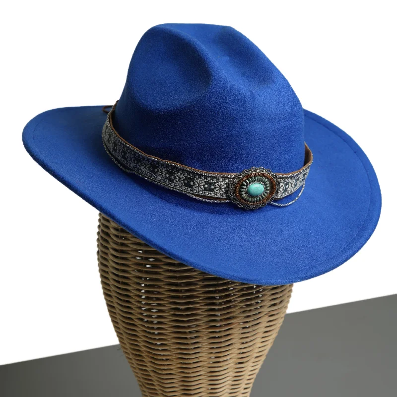 Traditional felt cowboy hats with decorative stitching for men with old-west charm -Chokore Ethnic Tibetan Cowboy Hat (Blue)