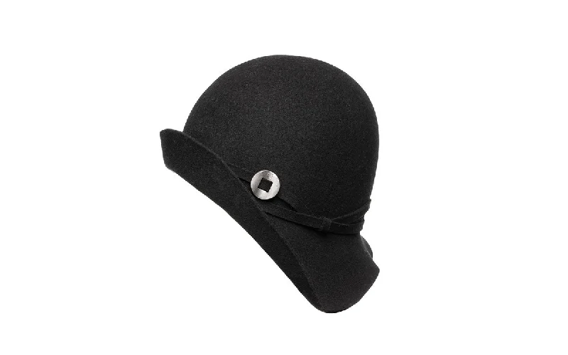 Elegant felt hat with delicate feather trim -JOYCE WOOL CLOCHE HAT - BLACK