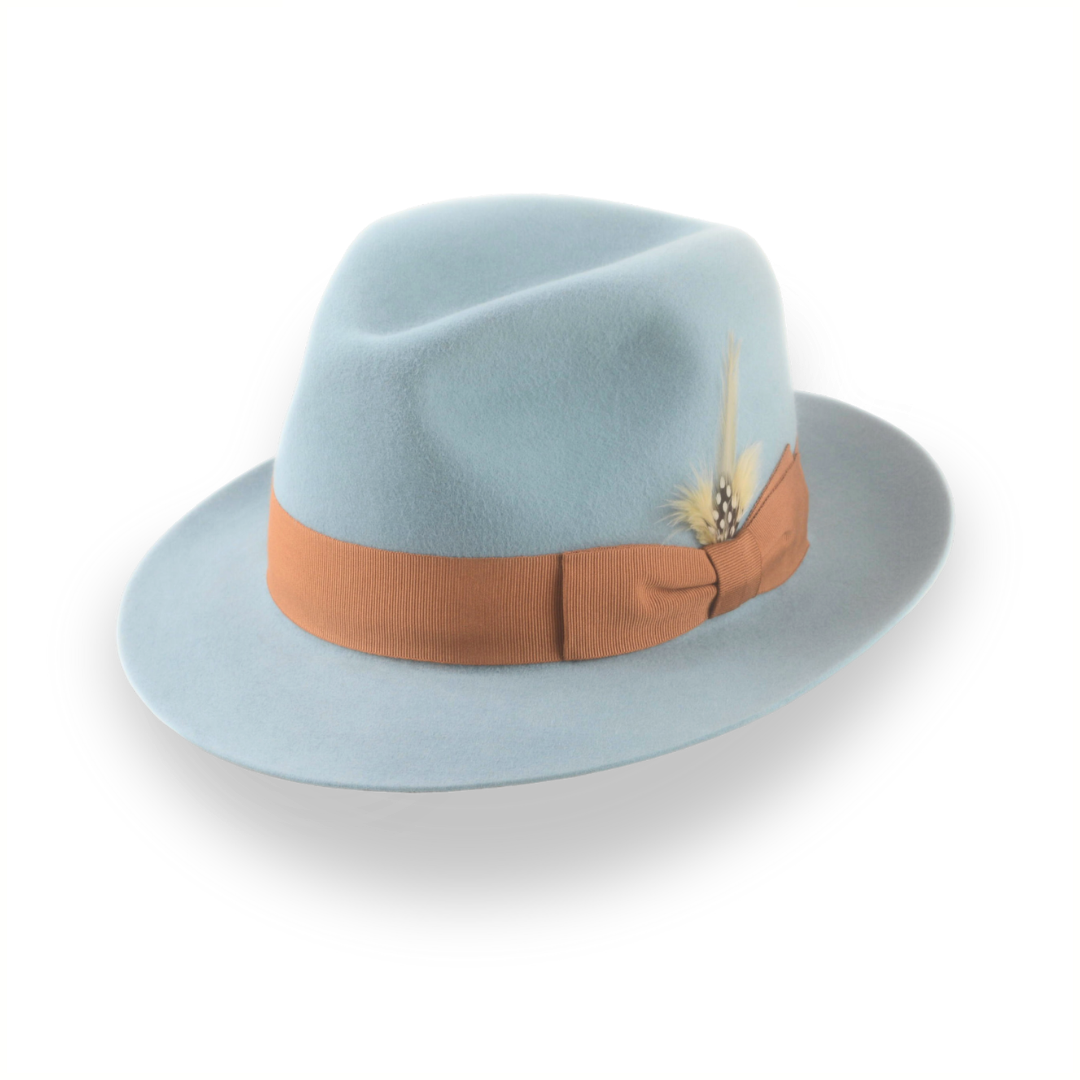 Classic felt fedora hats for men with wide brim for formal style -Sky Blue Trilby Fedora Hat with Elegant Feather | The Phoenix