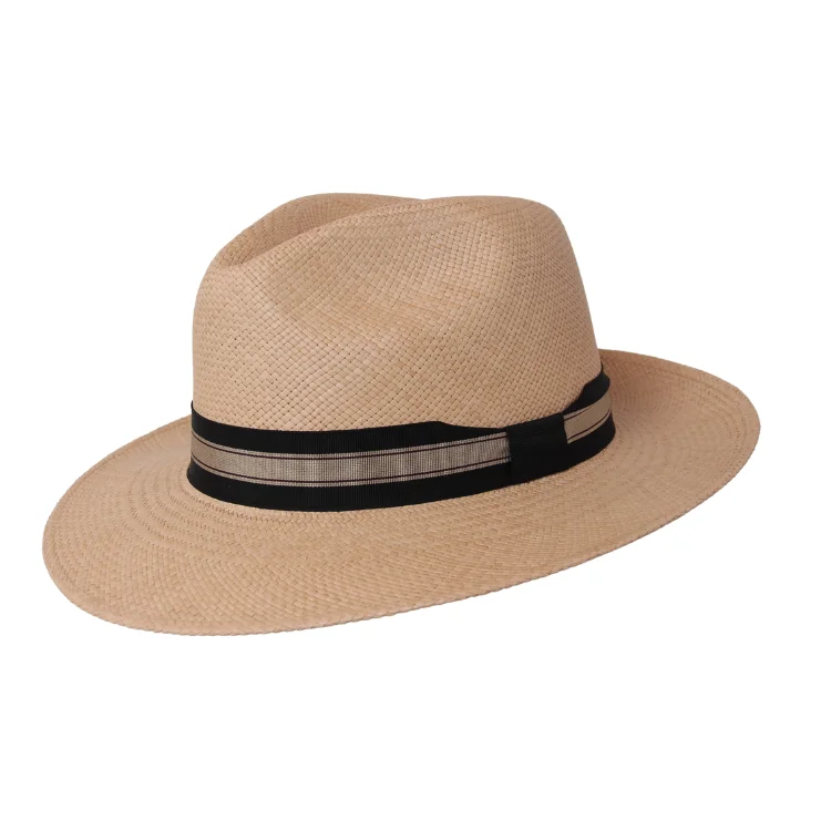 Casual fedora hats for women with fabric bands for relaxed, boho style -Camilo Panama Classic Sandy - Black/Gold Band