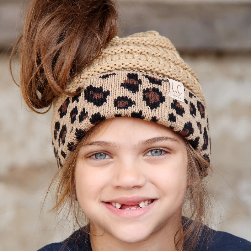 Lightweight cap for easy travel packing -MB-45KID-Camel Leopard Kid Messy Bun