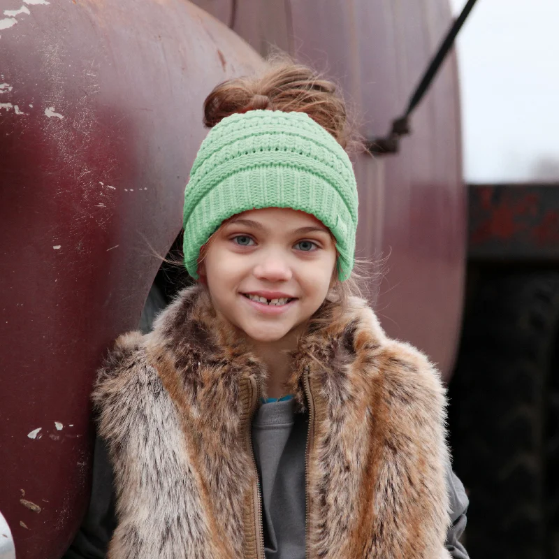 Leather trucker cap for edgy rugged appeal -MB-847-KID Mint Messy Bun Beanie