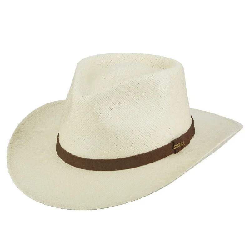 Classic straw boho hat for women with natural materials and laid-back style -Scala - Outback Panama Hat w- Leather Trim