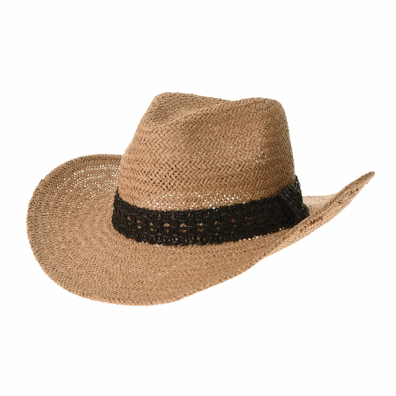 Custom cowboy hats for men with intricate stitching and unique features for personal flair -Western Cowboy Hat Cool Paper Straw Banded Chin Strap