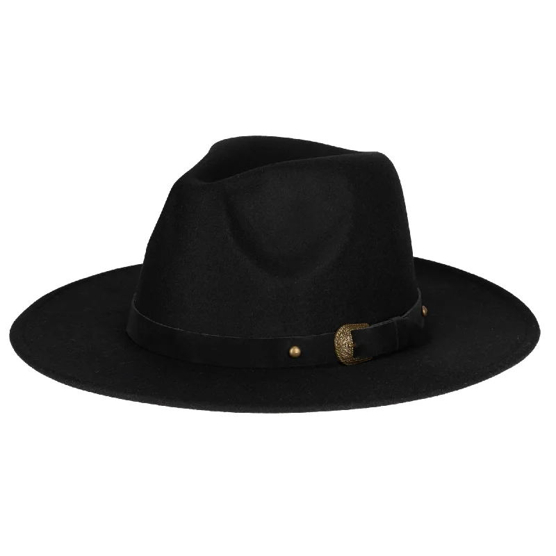 Trendy fedora hats for men with a sharp, angular design for modern fashion -Faux Felt Fedora with Faux Leather Western Buckle Band