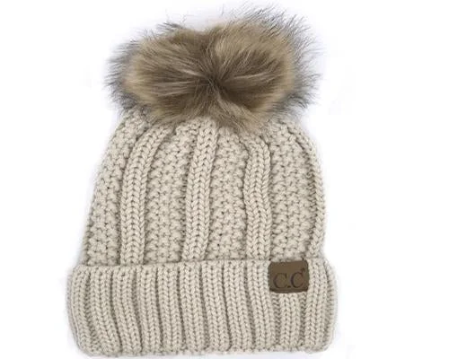 Denim cap with faded wash texture -KIDS-820-BEIGE SHERPA LINED BEANIE W/FAUX FUR POM - BEIGE