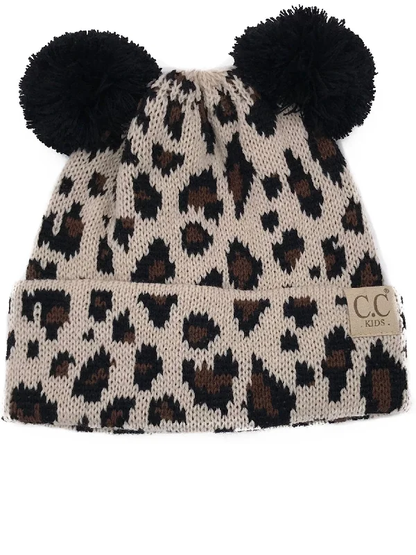 Lightweight sports cap with UV protection -KIDS-80 Pom Pom Beanie Beige Leopard