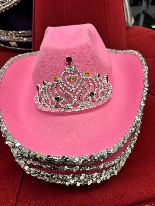 Classic cowboy hats with leather straps for women for a western-inspired, rugged look -Cowboy Hat - Pink with sequin trim & Princess Tiara