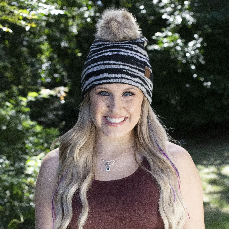 Minimalist cap for sleek simple style -HAT-3607 Zebra Stripe Beanie w/Faux Fur Pom Black/Grey