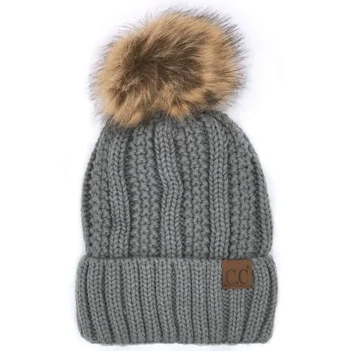 Cotton twill cap for durable daily use -YJ-820 SHERPA LINED BEANIE W/FAUX FUR POM - NATURAL GREY