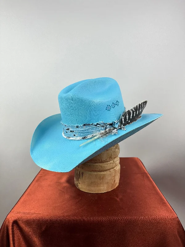 Trendy straw trilby hat for men with short brim and stylish appeal -Blue Straw Western