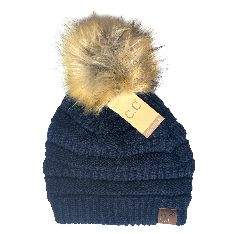 Trucker mesh cap for ventilated cool wear -Hat-43 BEANIE W/FAUX FUR POM - NAVY