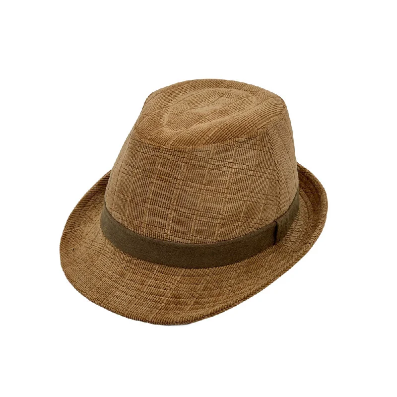 Wide-brim fedora hats for men with bold designs for a statement look -Check Pattern Corduroy Fedora Hat Classic Trilby Short Brim LD61541