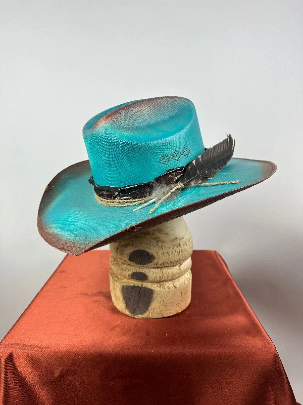 Handmade straw hat for women with intricate weaving and boho style -Teal Western Straw