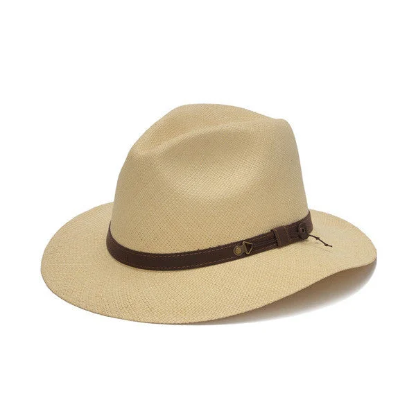 Soft straw sun hat for men with light, airy material and wide brim -Austral Hats - Beige Wide Brim Panama Hat with Brown Band