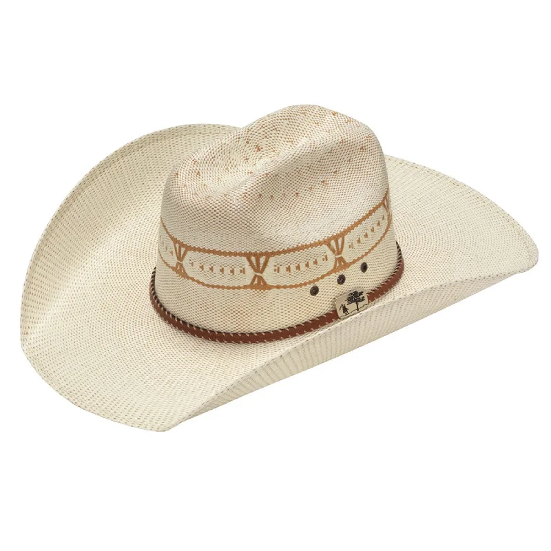 Classic straw boater hat for men with flat top and vintage vibe -M & F Western Ivory & Tan Bangora Hat