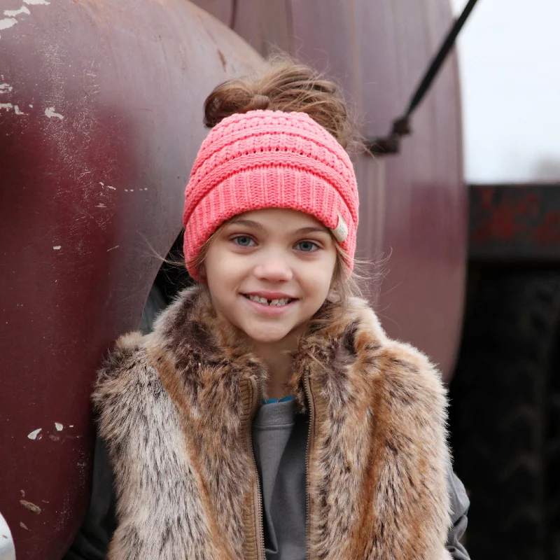 Bright neon cap for bold visibility needs -MB-847-KID Coral Messy Bun Beanie