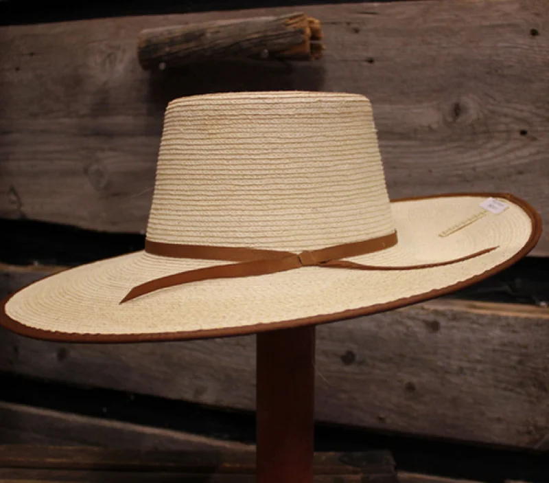 Handmade straw fedora for women with stylish band and chic appearance -Sunbody Telescope Palm Leaf Hat - Whiskey Trim