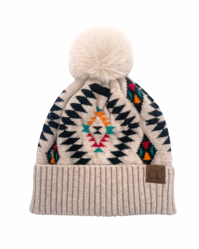 Fitted trucker cap for custom head fit -Hat-3001 Aztec Beanie w/Faux Fur Pom - Beige