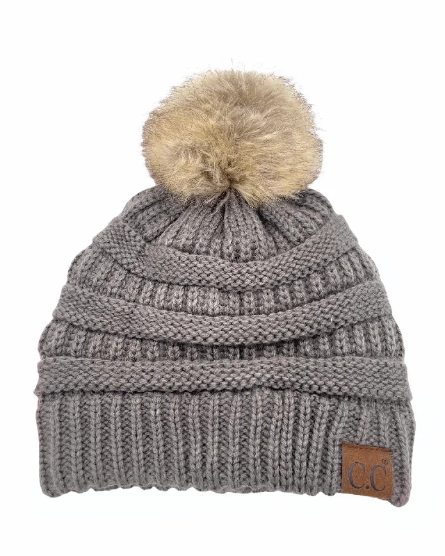 Designer trucker cap with signature brand patch -Hat-43 BEANIE W/FAUX FUR POM - EARTH GREY