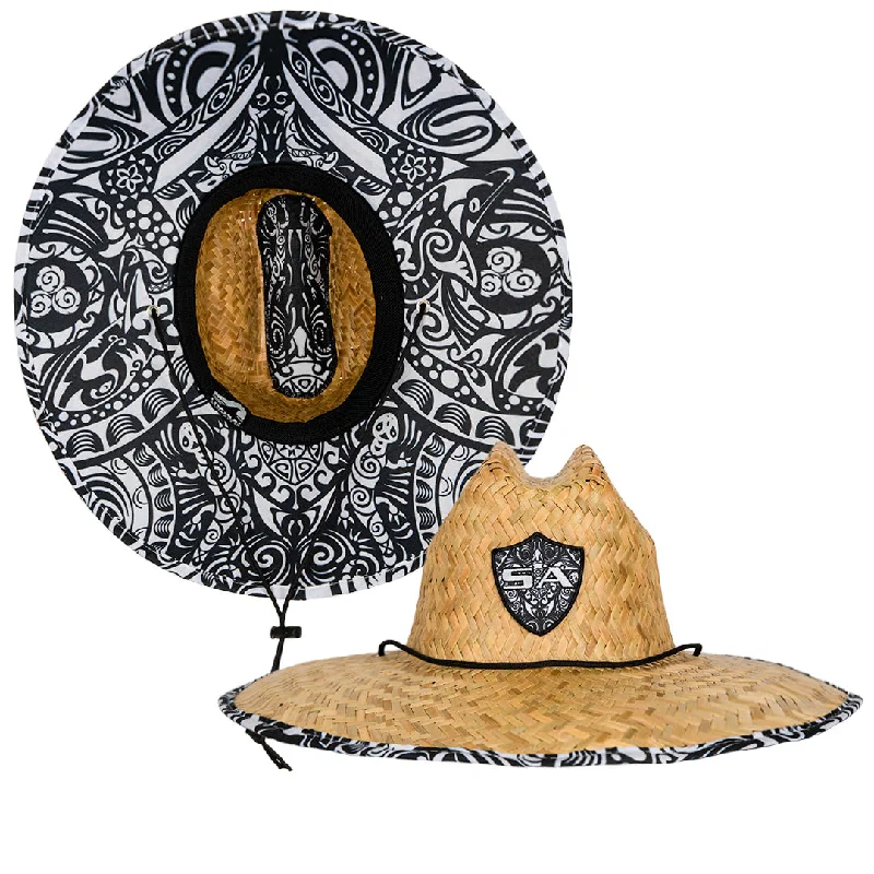 Chic straw bucket hat for women with floral accents for trendy summer look -Under Brim Straw Hat | Polynesian Tribal 2.0