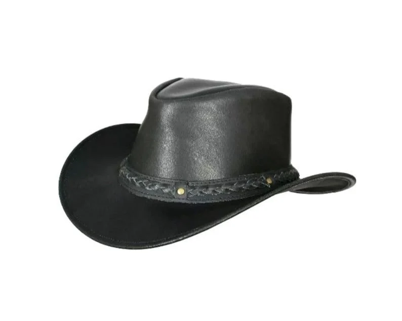 Elegant cowboy hats for women with silk ribbons for a sophisticated touch -Black Leather Wide Brim Outback Hat