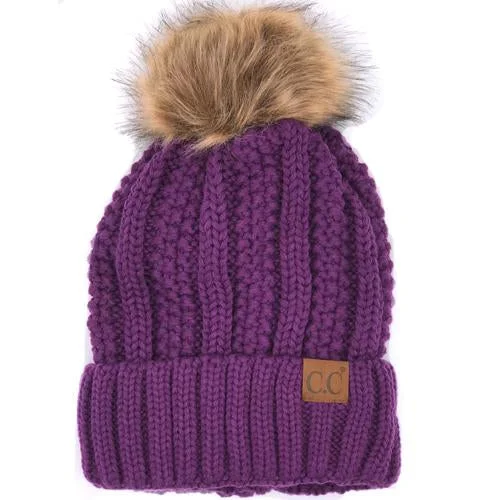 Lightweight running cap for marathon race days -YJ-820 SHERPA LINED BEANIE W/FAUX FUR POM - PURPLE