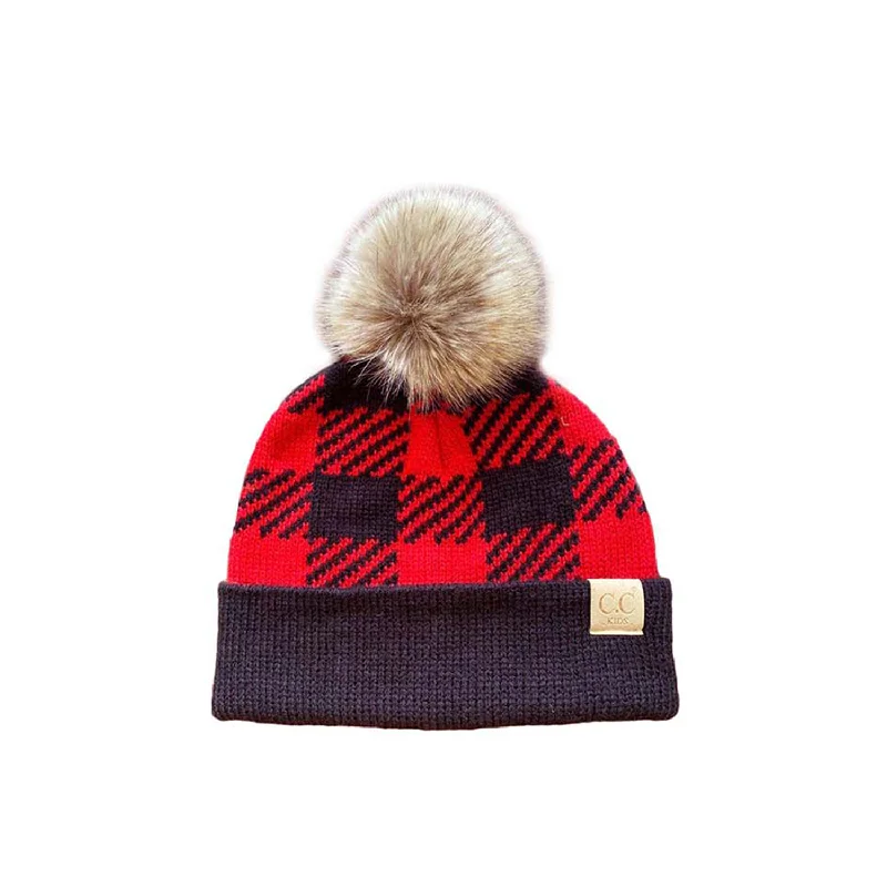 Camouflage dad cap for subtle outdoor blend -BP-43-KIDS Buffalo Plaid Beanie w/Faux Fur Pom - Red/Black