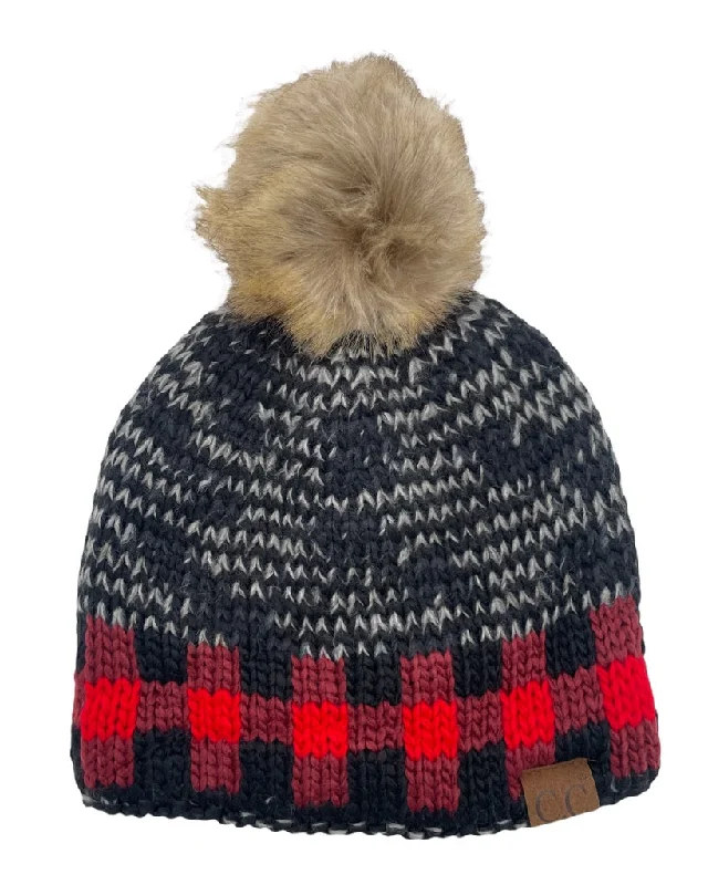 Durable dad cap for relaxed weekend outings -HAT-2083 Buffalo Check Mixed Print Faux Fur Beanie - Black/Red