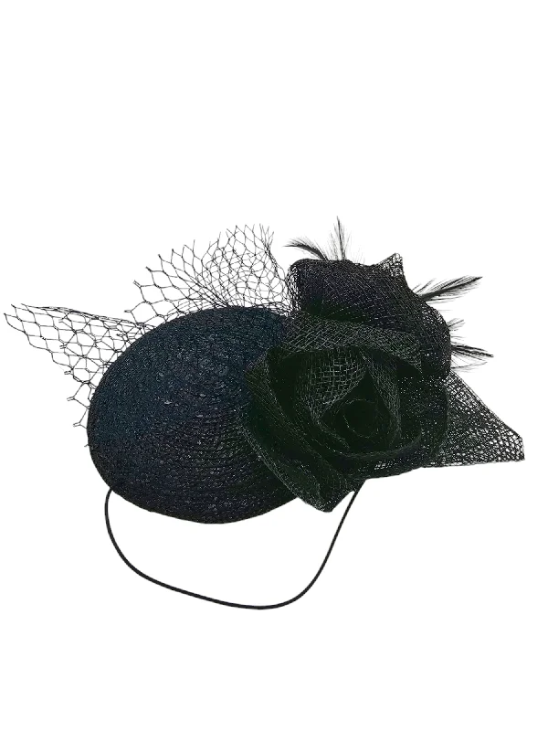 Handmade felt hat with unique artistic flair -Black Fascinator Small With Veil (Enigmatic Elixir)