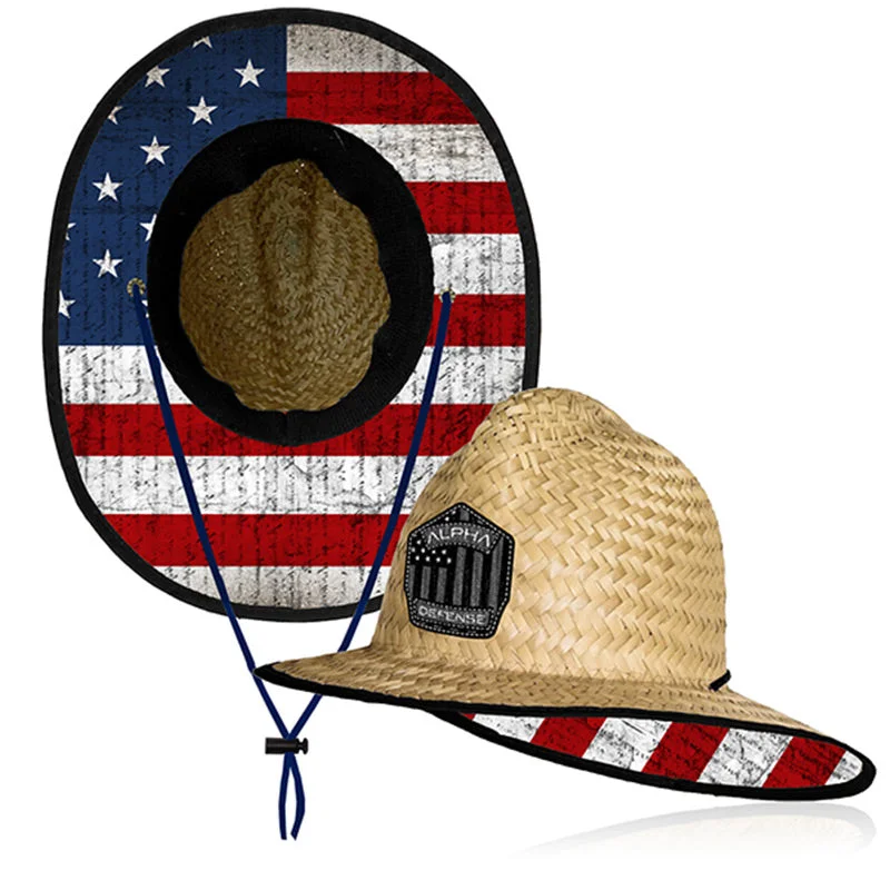 Personalized straw hat for men with custom logo or engraving for a unique gift -Ladder Under Brim Straw Hat | American Flag