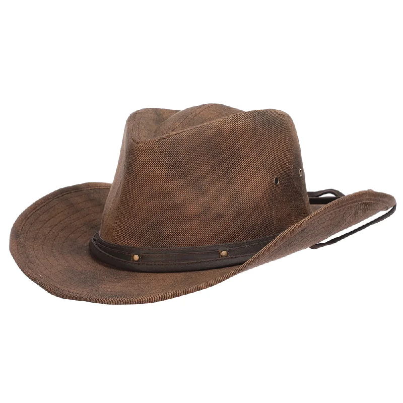 Classic cowboy hats with felt and leather trims for women with rustic charm -Dorfman Pacific Hats Danum Distressed Twill Outback Hat - Brown