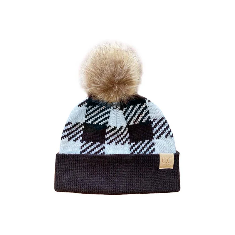 Cotton twill cap for durable daily use -BP-43-KIDS Buffalo Plaid Beanie w/Faux Fur Pom - White/Black