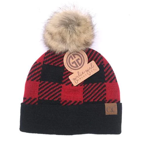 Soft cap for sensitive scalp comfort -BP-43 Red/Black Buffalo Plaid Beanie w/Faux Fur Pom