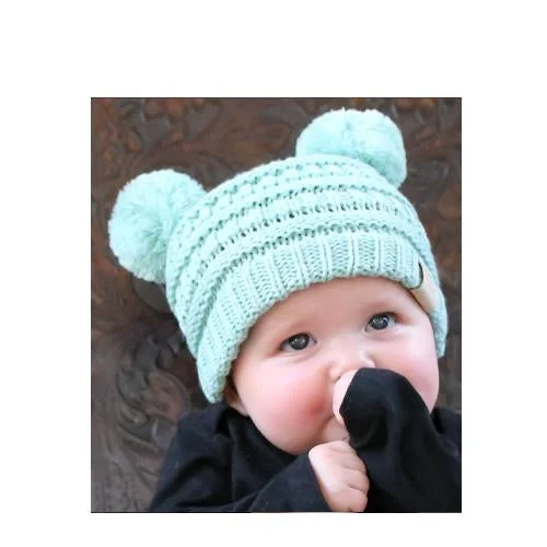 Waterproof cap for rainy day protection -Baby-23 Double Pom Beanie Mint