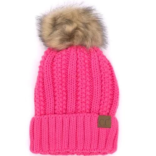 Graphic trucker cap for playful fashion flair -YJ-820 SHERPA LINED BEANIE W/FAUX FUR POM - NEW CANDY PINK