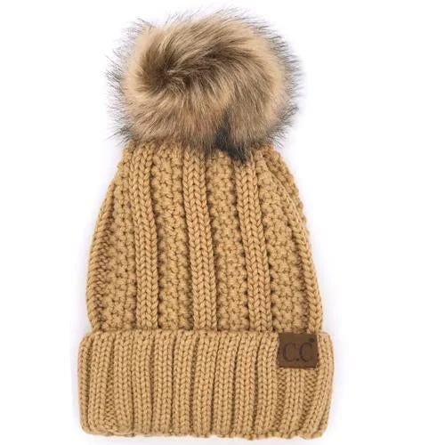 Denim snapback cap for casual cool edge -YJ-820 SHERPA LINED BEANIE W/FAUX FUR POM - CAMEL