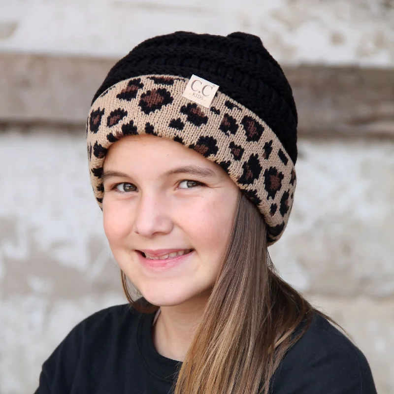 Lightweight sports cap for active workout days -KID-45 Black Leopard Youth Beanie