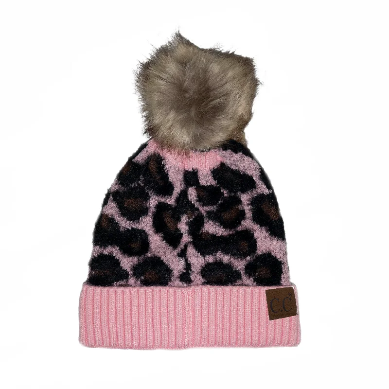 Minimalist cap with small stitched emblem -Hat-2061 Beanie with Faux Fur Pom Baby Pink