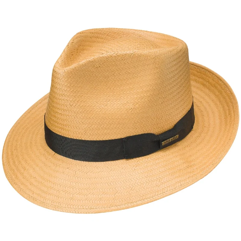 Stylish fedora hats for men with leather detailing for a sophisticated western look -Stetson Reward Pinch Front Shantung Straw Fedora