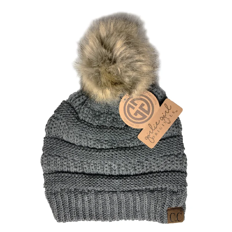 Washed denim cap for broken-in softness -Hat-43 BEANIE W/FAUX FUR POM - DARK MELANGE GREY