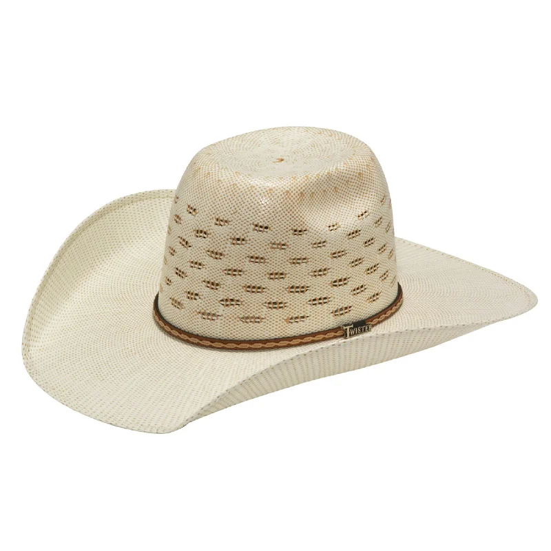 Trendy straw Panama hat for women with decorative ribbon and casual style -Twister Ivory and Tan Bangora Hat