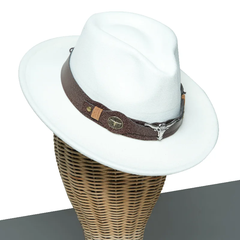 Designer wool fedora hats for women with rich textures and statement accents -Chokore fedora hat with Ox head belt  (White)