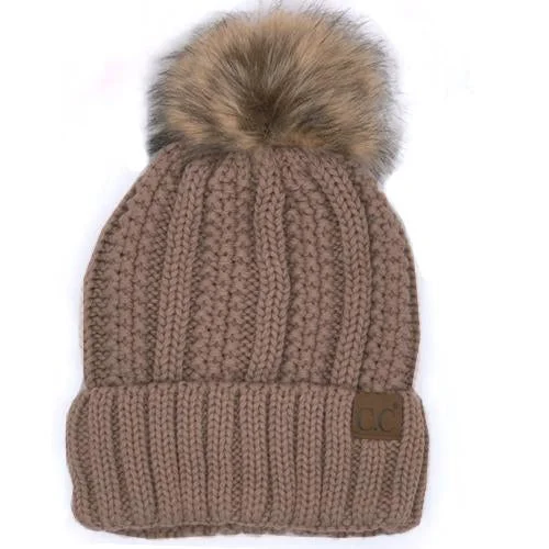 Neon trucker cap for high-visibility safety -YJ-820 SHERPA LINED BEANIE W/FAUX FUR POM - TAUPE