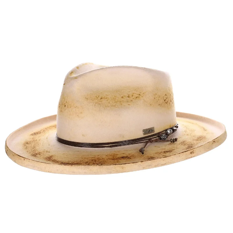 Stylish fedora hats for women with embellished designs and fun, vibrant bands -Bruno Capelo Orleans Distressed Wide Brim Wool Fedora