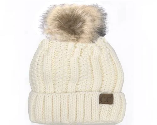 Embroidered cap with custom team initials -KIDS-820-IVORY SHERPA LINED BEANIE W/FAUX FUR POM - IVORY